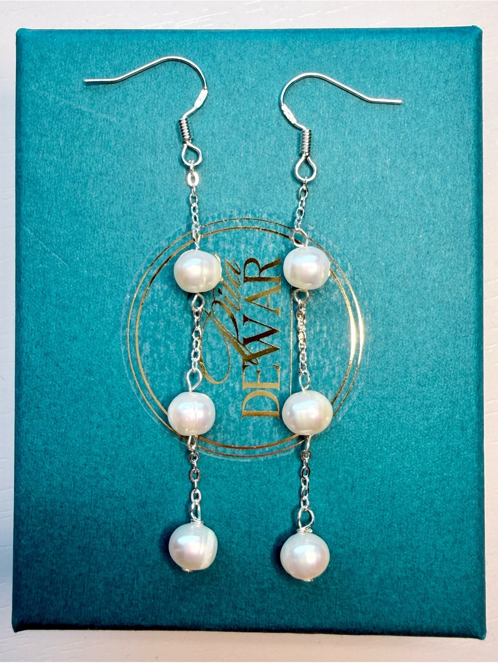 Sterling Silver Genuine Pearl Station Drop Earrings 3”